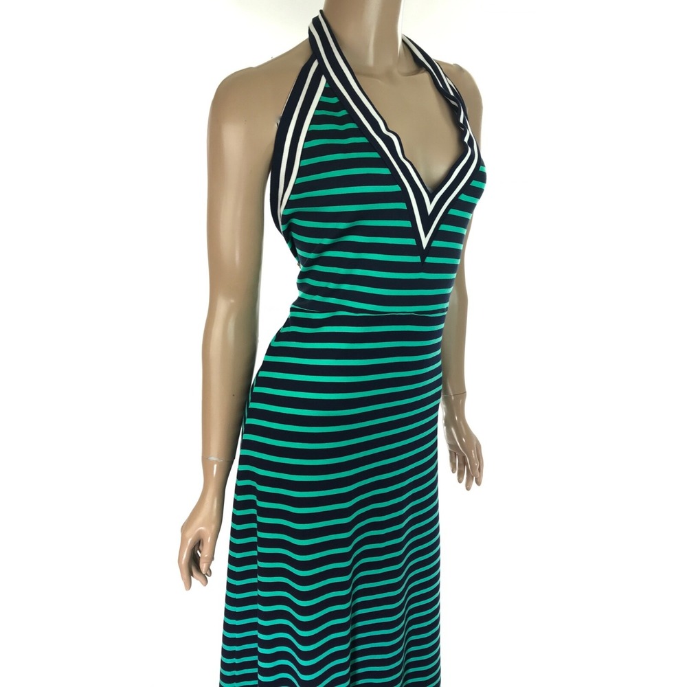 Cynthia Rowley 'Lisbon' Striped Halter Maxi Dress Sz L Green & Navy Rayon/Nylon - Picture 4 of 8